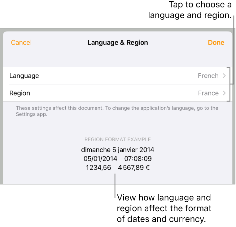 Language and Region pane with controls for language and region, and a format example including date, time, decimal, and currency.