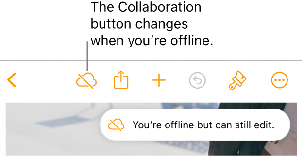 The buttons at the top of the screen, with the Collaboration button changed to a cloud with a diagonal line through it. An alert on the screen says “You’re offline but can still edit.”