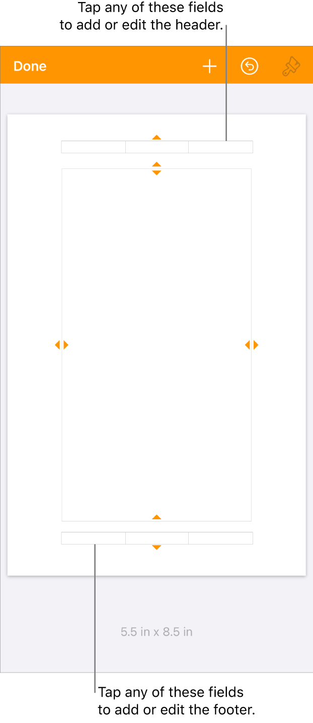 The More Options view with three fields at the top of the document for headers and three fields at the bottom for footers.