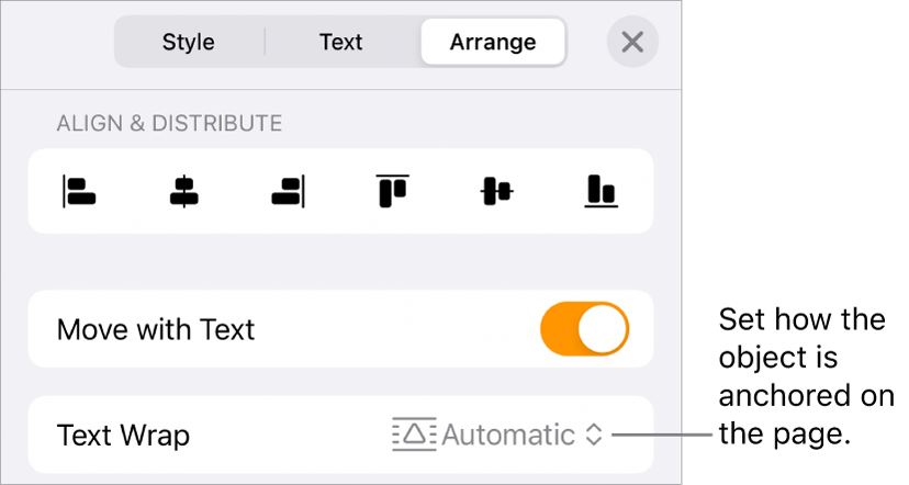 The Arrange controls with Move with Text and Text Wrap.