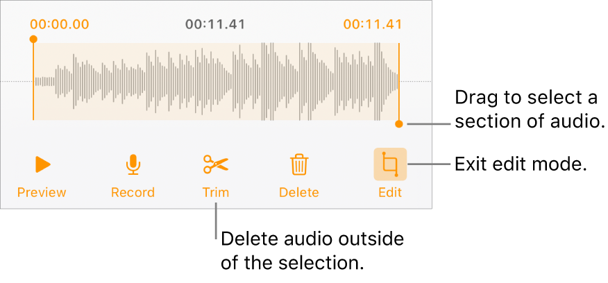 Controls for editing recorded audio. Handles indicate the selected section of the recording, and Preview, Record, Trim, Delete, and Edit Mode buttons are below.