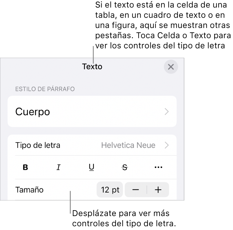 Controles de texto en el menú Formato para configurar los estilos de párrafo y carácter, tipo de letra, tamaño y color.