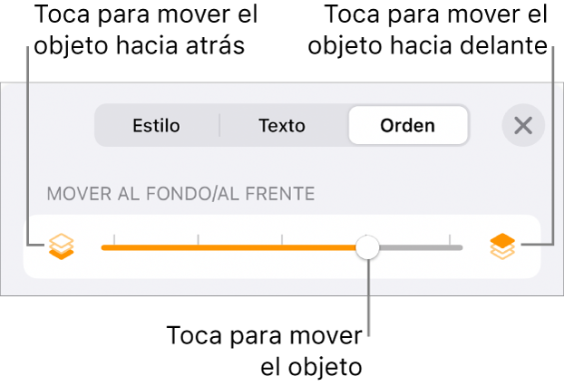 Botón Mover hacia atrás, botón Mover hacia delante y regulador de capa.