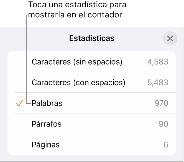 El menú Estadísticas con las opciones para mostrar el número de caracteres con y sin espacios, el conteo de palabras, el conteo de párrafos y el conteo de páginas.