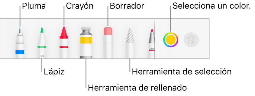 La barra de herramientas de dibujo en Pages en el iPhone con un bolígrafo, un lápiz, un crayón, la herramienta de relleno, el borrador, la herramienta de selección y la paleta de colores mostrando el color actual.