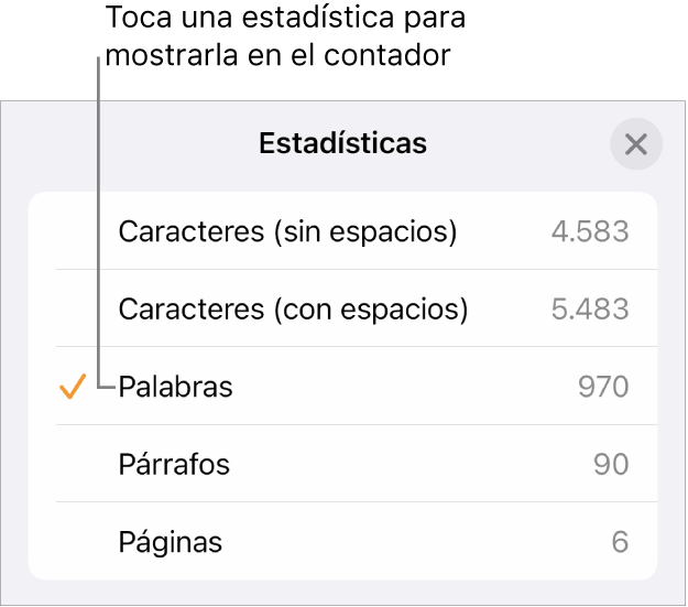 El menú Estadísticas, que muestra las opciones para ver el número de caracteres con y sin espacios, el recuento de palabras, el recuento de párrafos y el recuento de páginas.