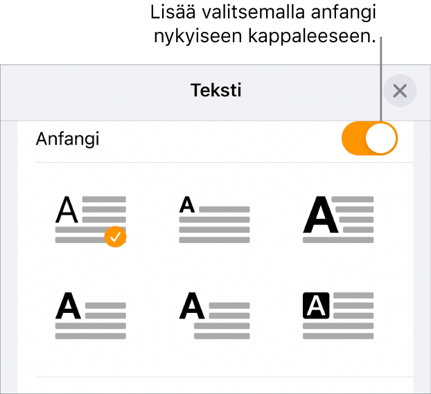 Anfangi-säätimet Teksti-valikossa.