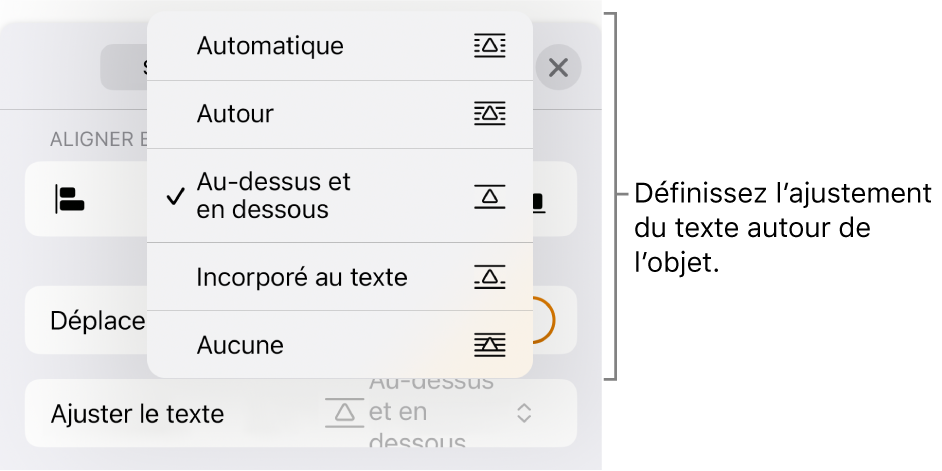 Les commandes « Ajuster au texte » avec les réglages Automatique, Autour, Au-dessus et en dessous, Incorporé au texte et Aucun.