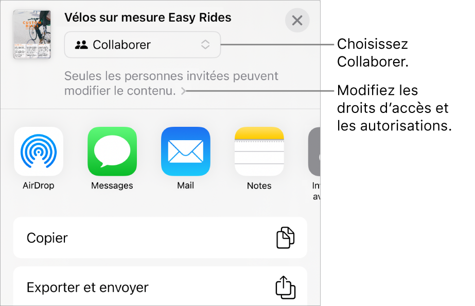 Le menu Partager avec l’option Collaborer sélectionnée dans le haut, au-dessus des réglages d’accès et d’autorisation.