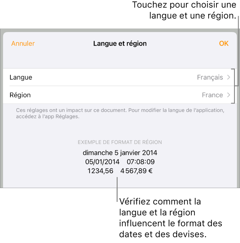 Sous-fenêtre Langue et région avec les commandes pour la langue et la région, et un exemple du format qui comprend la date, l’heure, les décimales et la devise.