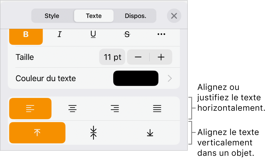 La sous-fenêtre Disposition avec les légendes des boutons d’alignement et d’espacement de texte.