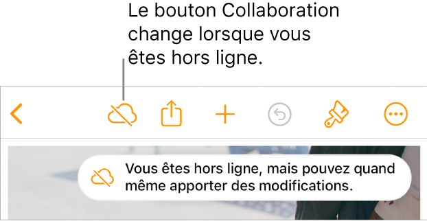 Les boutons en haut de l’écran, avec le bouton Collaboration qui se transforme en un nuage traversé par une ligne diagonale. Une alerte à l’écran indique « Vous êtes hors ligne, mais pouvez quand même apporter des modifications ».