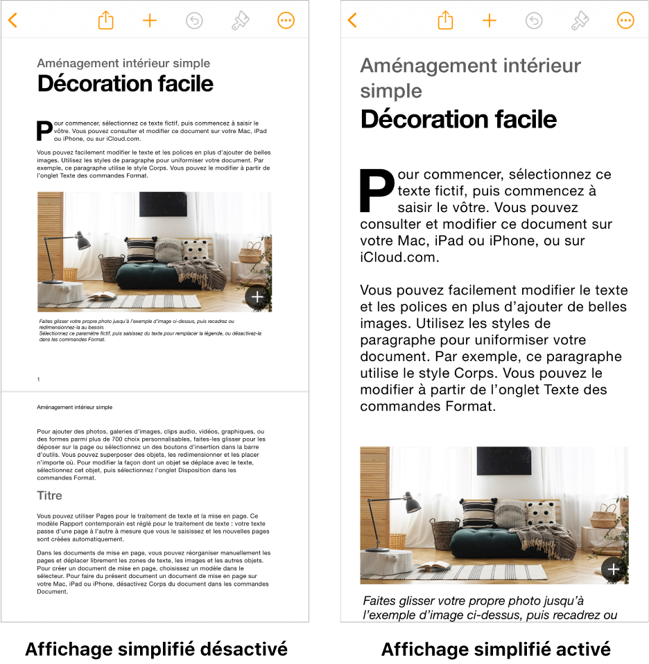 Deux aperçus du même document Pages, l’un avec l’Affichage simplifié activé et l’autre avec l’Affichage simplifié désactivé.