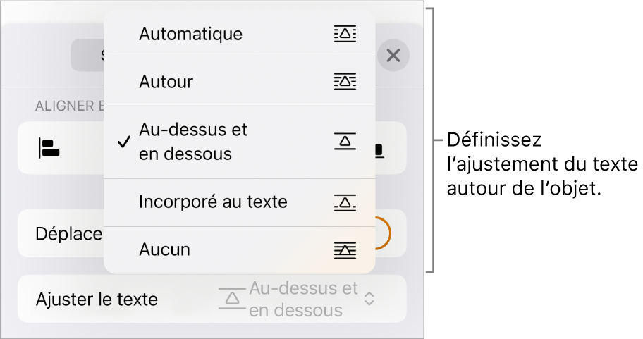 Les commandes « Ajustement du texte » avec des réglages pour Automatique, Autour, Au-dessus et en dessous, Incorporé au texte et Aucun.