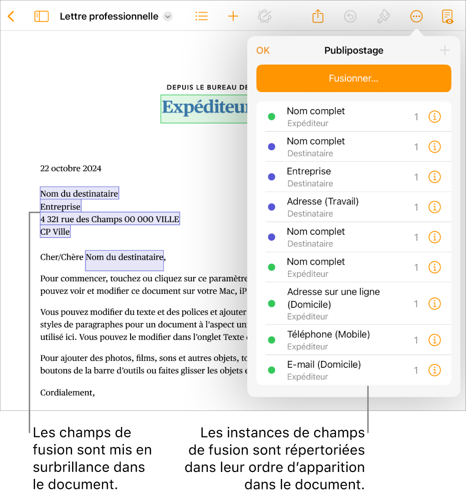 Document Pages avec des champs de fusion de destinataire et d’expéditeur, ainsi que la liste des instances de champs de fusion visible dans la barre latérale Document.