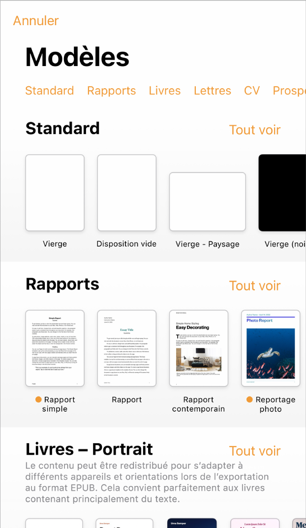La liste de modèles, avec un rang de catégories en haut que vous pouvez toucher pour filtrer les options. En dessous, vous trouverez les vignettes des modèles prédéfinis disposées en rangs par catégorie, en commençant par Nouveau en haut, puis Récents et Standard. Un bouton Tout afficher apparaît à droite au-dessus du rang de chaque catégorie.