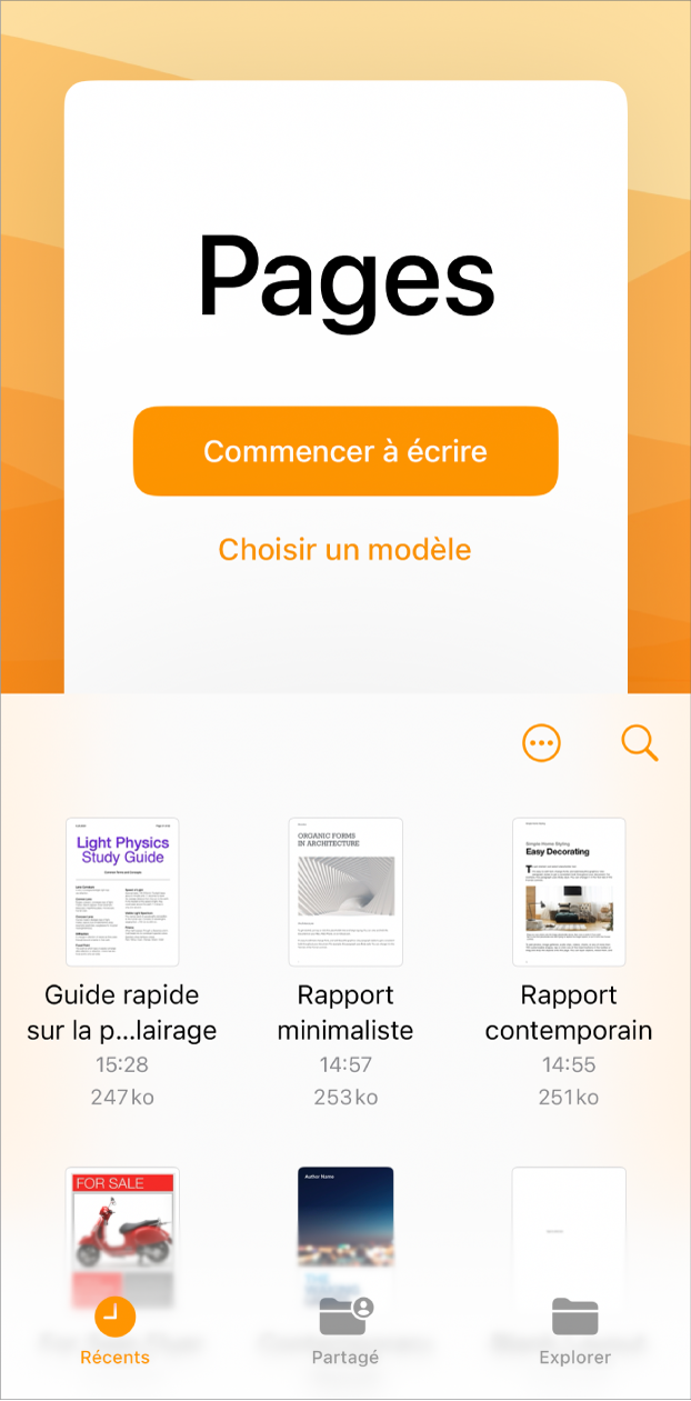 L’écran de bienvenue de Pages avec les options « Commencer à écrire » et « Choisir un modèle » en haut, et les documents récents affichés en bas.