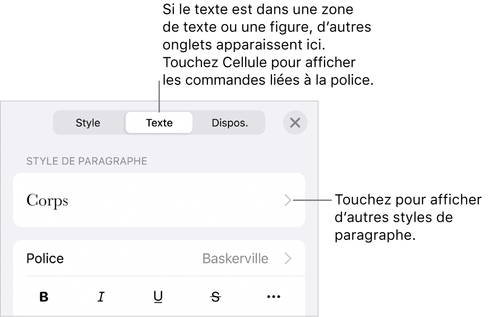 Menu Format montrant les commandes de texte permettant de définir les styles, la police, la taille et la couleur des paragraphes et des caractères.