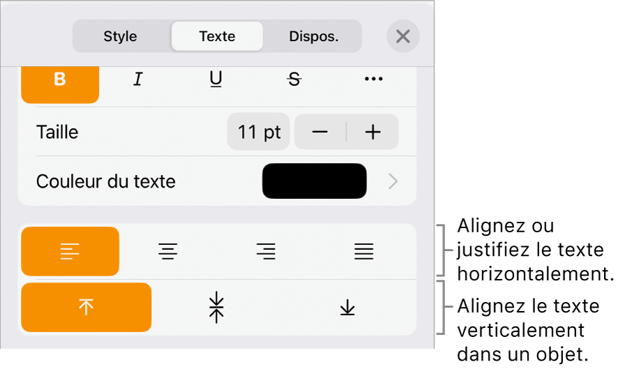 La sous-fenêtre Disposition avec les légendes des boutons d’alignement et d’espacement de texte.