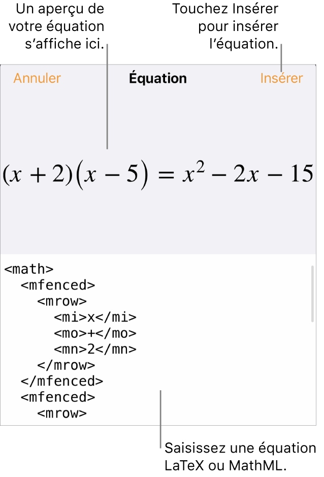 Zone de dialogue Équation, affichant une équation composée à l’aide des commandes MathML, et un aperçu de la formule au-dessus.