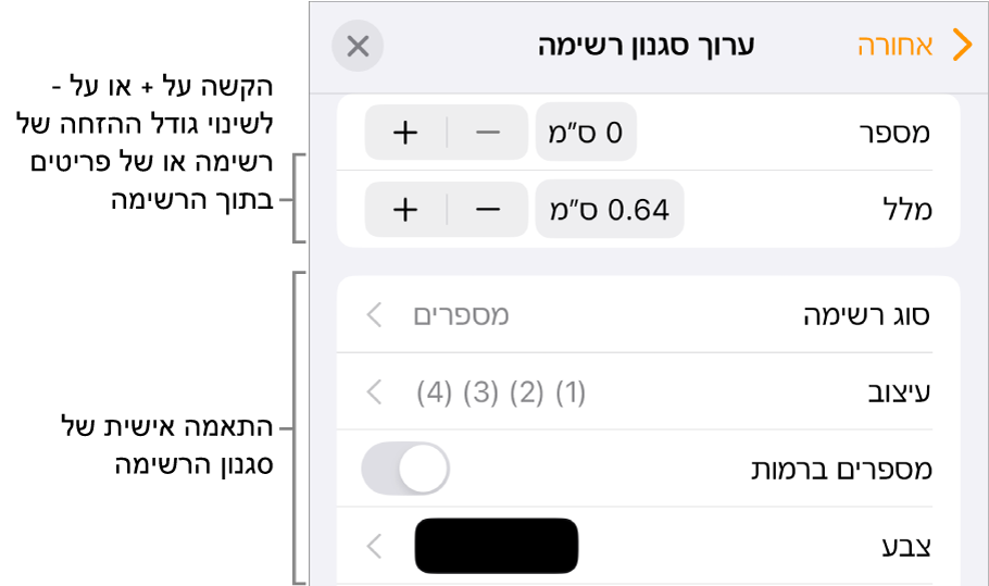 התפריט ״עריכת סגנון רשימה״ עם כלי בקרה לריווח הזחות, סוגים ועיצובים של רשימות, מספרים בהירארכיה וריווח שורות.