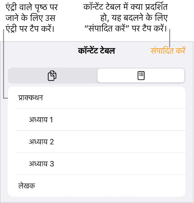 सूची में हेडिंग के साथ कॉन्टेंट टेबल दृश्य। ऊपरी-दाएँ कोने में संपादन बटन है और निचले भाग में पृष्ठ थंबनेल और कॉन्टेंट टेबल बटन हैं।