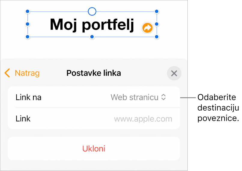 Kontrole Postavke linka s odabranom opcijom Web stranica, tipka Ukloni nalazi se na dnu.