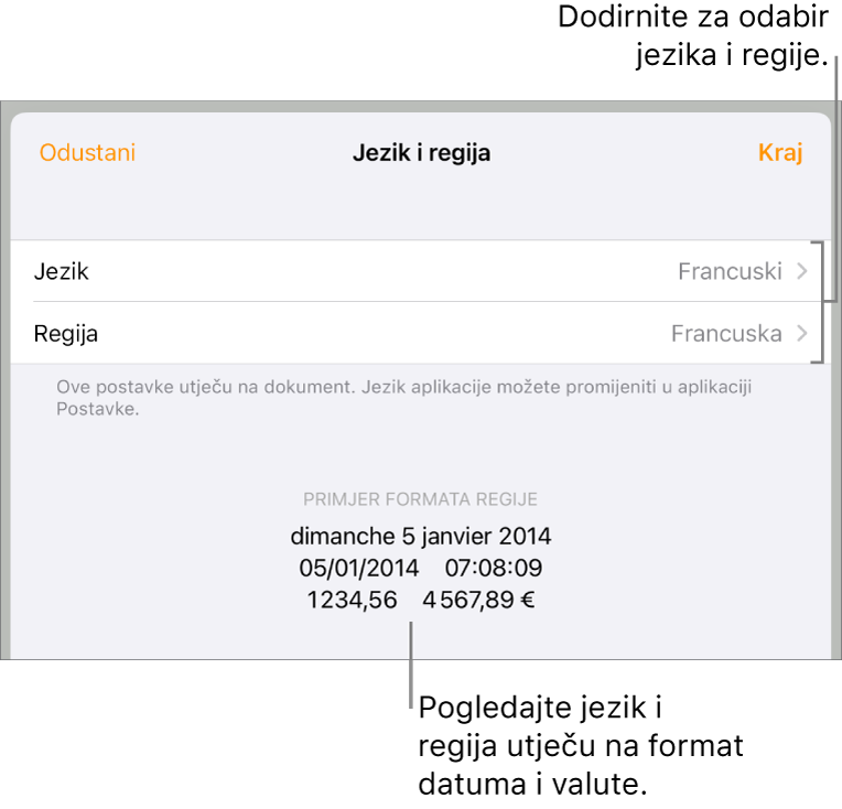 Prozor Jezik i regija s kontrolama za jezik i regiju te primjer formatiranja uključujući datum, vrijeme, decimalu i valutu.