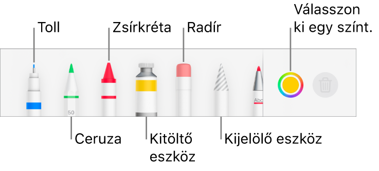 A rajz eszközsor az iPhone Pages appjában tollal, ceruzával, zsírkrétával, kitöltőeszközzel, radírral, kijelölés eszközzel és az aktuális színt megjelenítő színrekesszel.