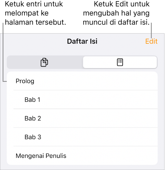 Tampilan daftar isi dengan heading di daftar. Tombol Edit terdapat di pojok kanan atas dan di bagian bawah terdapat tombol Gambar Mini Halaman serta Daftar Isi.