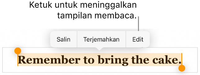 Kalimat dipilih, dan di atasnya terdapat menu kontekstual dengan tombol Salin dan Edit.
