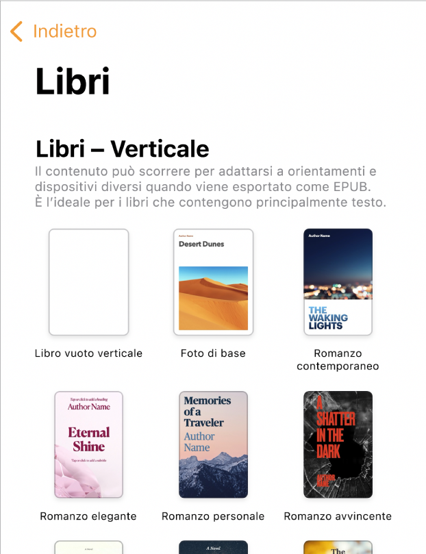 “Scelta modelli” con modelli per libri con orientamento verticale nella parte superiore e con orientamento orizzontale nella parte inferiore.