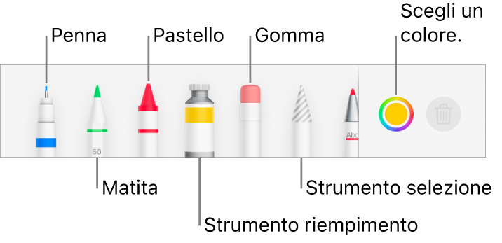 La barra strumenti da disegno in Pages su iPhone con una penna, una matita, un pastello, uno strumento di riempimento, una gomma e uno strumento di selezione colore che mostra il colore attuale.