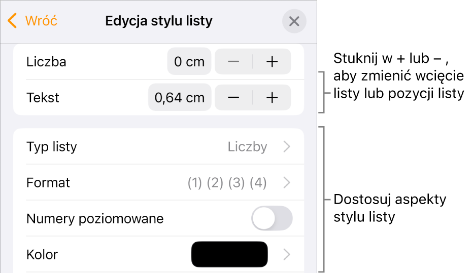 Menu Edycja stylu listy z narzędziami sterującymi wielkością wcięcia, typem i formatem listy, numeracją poziomowaną oraz odstępami między wierszami.