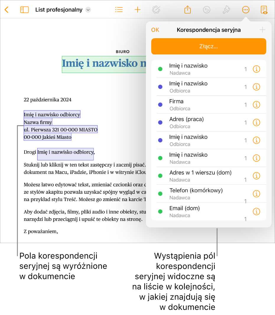 Dokument Pages z polami korespondencji seryjnej przeznaczonymi na dane odbiorcy i nadawcy. Na pasku bocznym Dokument widoczna jest lista wystąpień pól korespondencji seryjnej.