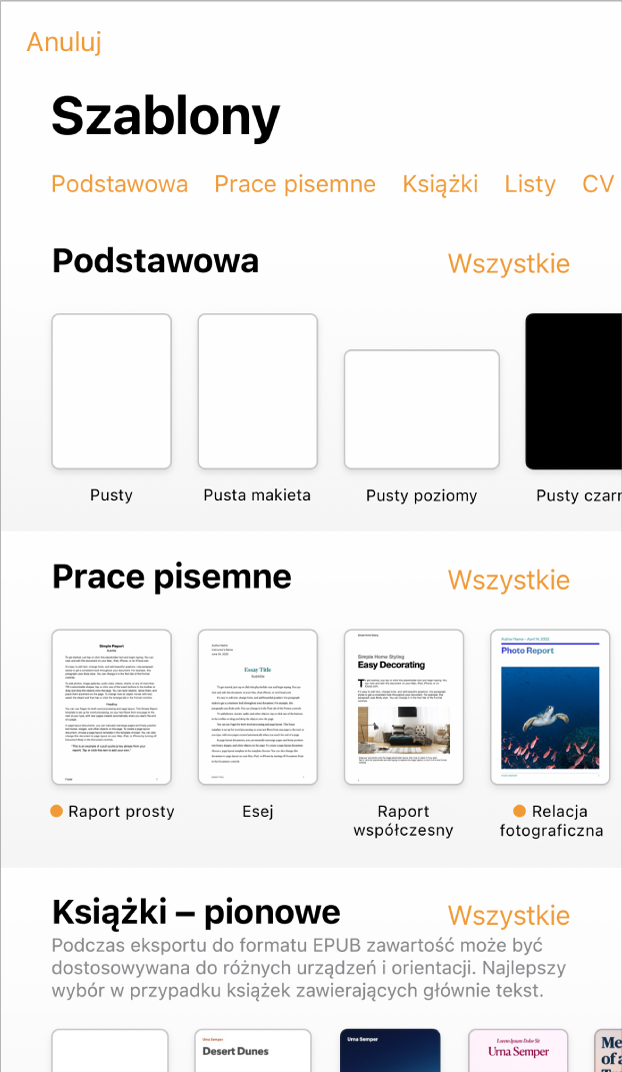 Paleta szablonów z widocznym na górze wierszem kategorii, w które możesz stuknąć, aby filtrować dostępne szablony. Poniżej widoczne są miniaturki gotowych szablonów uporządkowane wierszami według kategorii, zaczynając od widocznej na górze kategorii Nowe, po której następuje kategoria Ostatnie oraz kategoria Podstawowe. Po prawej stronie nad każdym wierszem kategorii widoczny jest przycisk Zobacz wszystkie. W prawym górnym rogu widoczny jest przycisk Język i region.