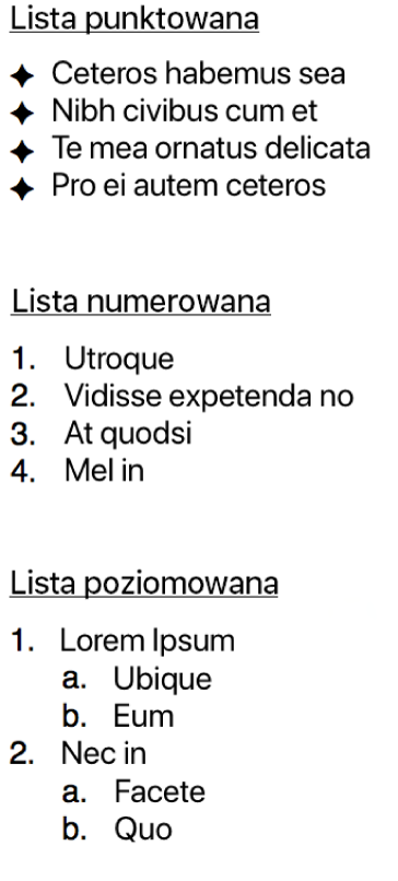 Przykłady list wypunktowanych, numerowanych i hierarchicznych.