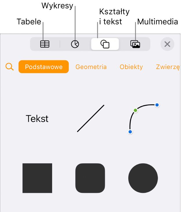 Widok narzędzi wstawiania otwiera się na górze z przyciskami dodawania tabel, wykresów, tekstu, kształtów i multimediów.