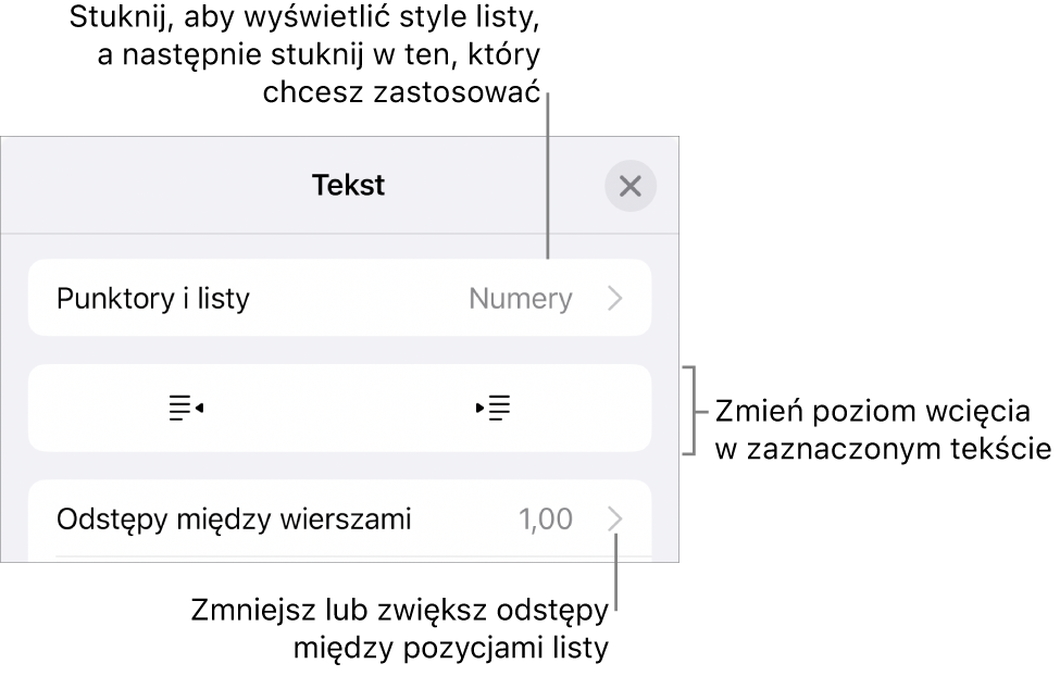 Sekcja Punktory i listy w narzędziach Format. Objaśnienia wskazują przyciski Punktory i listy, Wysunięcie oraz Wcięcie, a także narzędzia odstępów między wierszami.