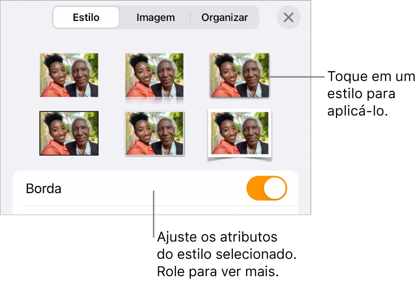 A aba Estilo do menu Formatar, com estilos de objetos na parte superior e um controle abaixo para alterar a borda.