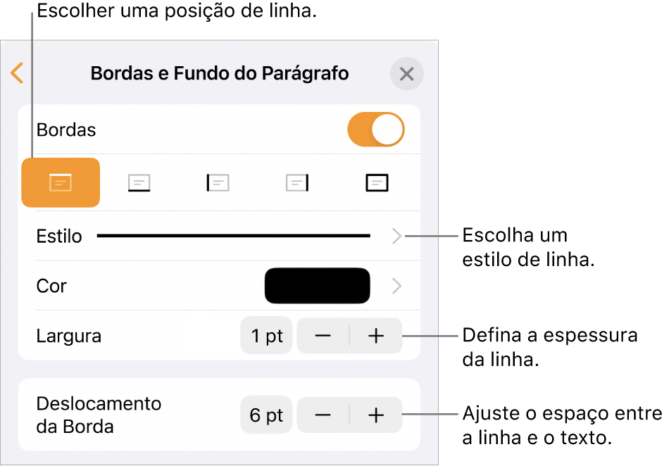 Controles para alterar o estilo, a espessura, a posição e a cor da linha.