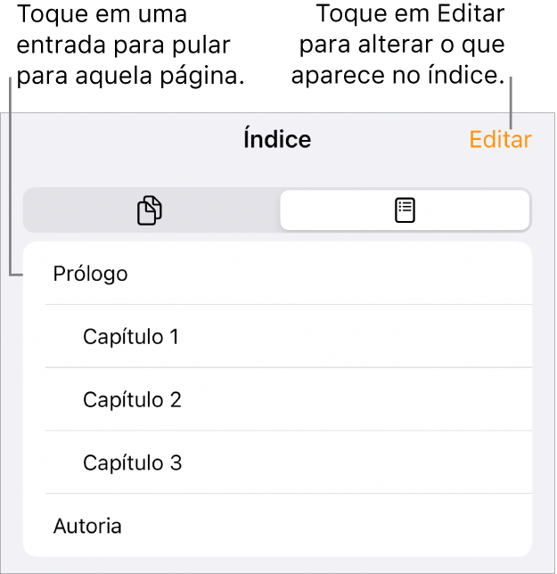 Visualização do índice, com os títulos em uma lista. O botão Editar aparece no canto superior direito e os botões “Miniaturas de Página” e “Índice” aparecem na parte inferior.