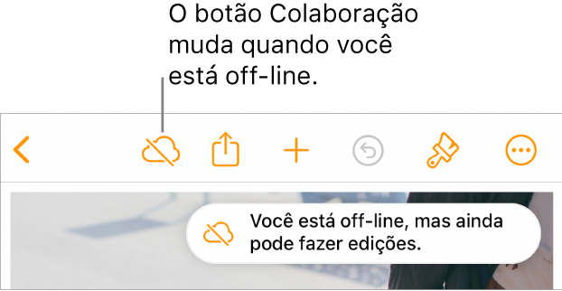 Os botões na parte superior da tela com o botão Colaboração transformado em uma nuvem com uma linha diagonal sobre ela. Alerta na tela informando que “Você está off-line, mas ainda pode fazer edições.”