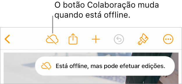 Os botões na parte superior do ecrã, com o botão “Colaboração” alterado para uma nuvem com uma linha diagonal por cima. Um aviso no ecrã indica que “Está offline, mas pode efetuar edições.”