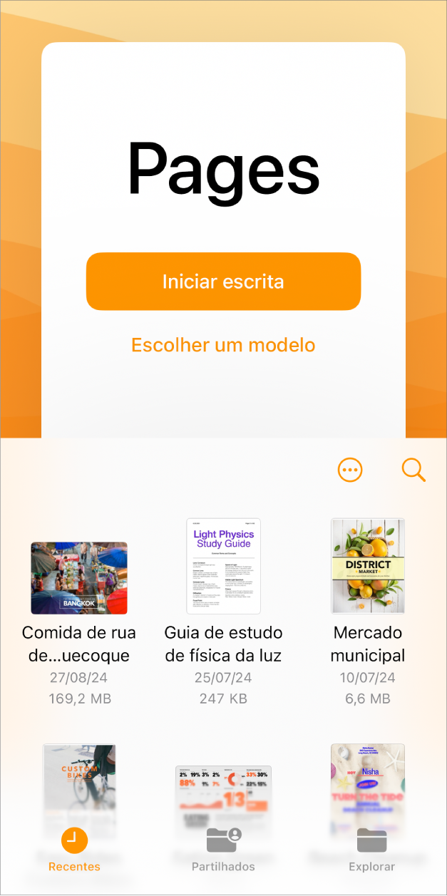 O gestor de documentos do Pages com botões para começar a escrever ou escolher um modelo na parte superior do ecrã e os controlos para abrir documentos guardados na parte inferior.