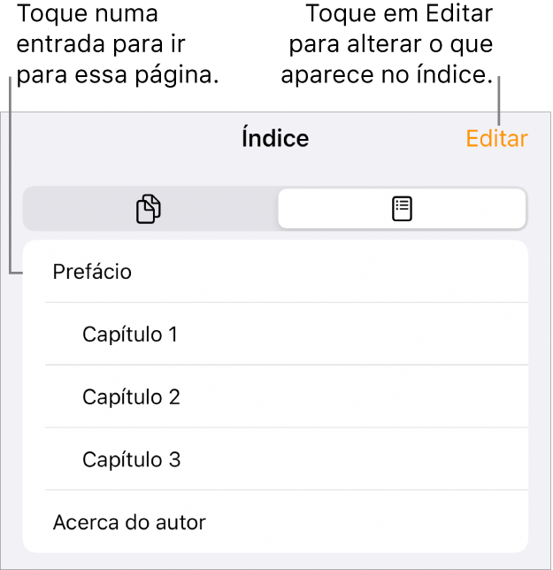 A vista de índice com títulos numa lista. No canto superior direito está o botão "Editar” e na parte inferior estão os botões “Miniaturas das páginas” e Índice.