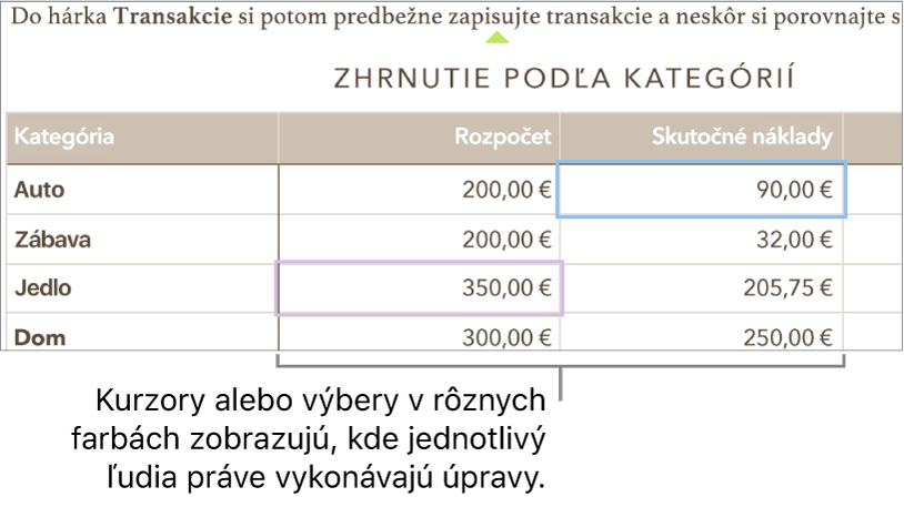 Kurzory a výbery v rôznych farbách zobrazujú, kde jednotliví užívatelia robia úpravy.