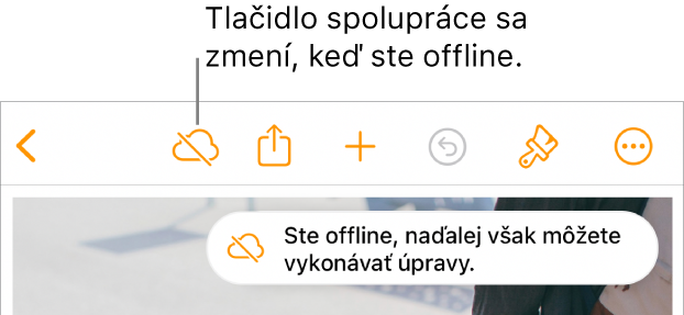 Tlačidlá v hornej časti obrazovky s tlačidlom Spolupráca zmeneným na obláčik s diagonálnou čiarou. Upozornenie na obrazovke s oznámením Ste offline, ale naďalej môžete upravovať.