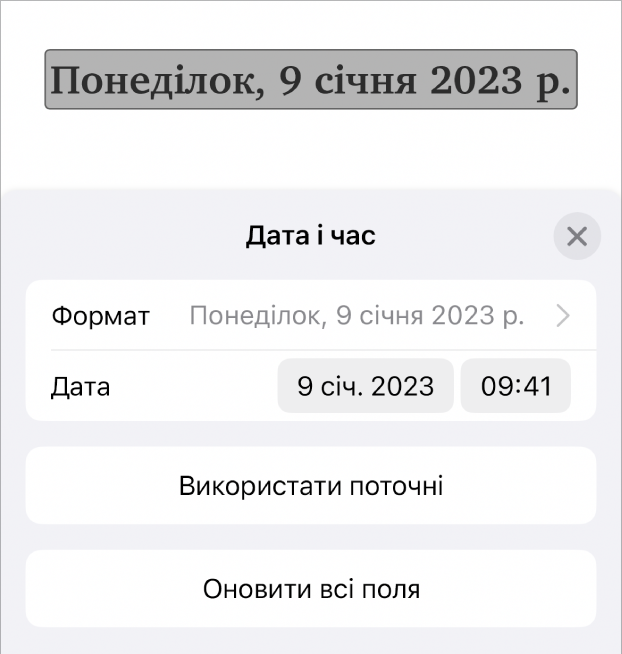 Елементи керування датою та часом із відкритим спливним меню дати, а також кнопками «Використати поточні» та «Оновити всі поля».