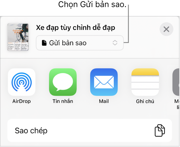 Menu Chia sẻ với Gửi bản sao được chọn ở trên cùng.